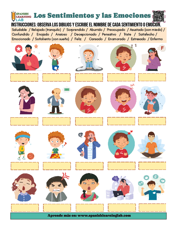 Sentimientos y emociones en español ejercicios de vocabulario en PDF