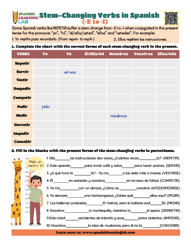 Los verbos con cambio de raiz de E a I en español ejercicios en pdf