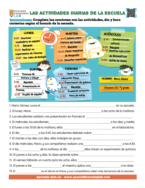 Las Actividades Diarias en la Escuela en español ejercicios de vocabulario y escritura en PDF