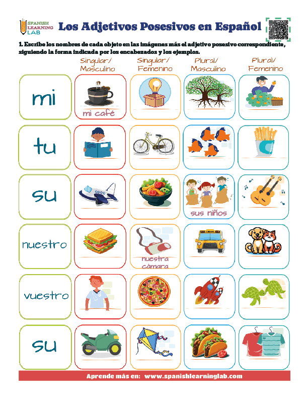 Los Adjetivos Posesivos en Español Ejercicios de vocabulario y gramática en PDF