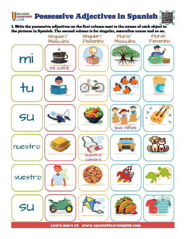 Possessive Adjectives in Spanish PDF worksheet with vocabulary and grammar exercises