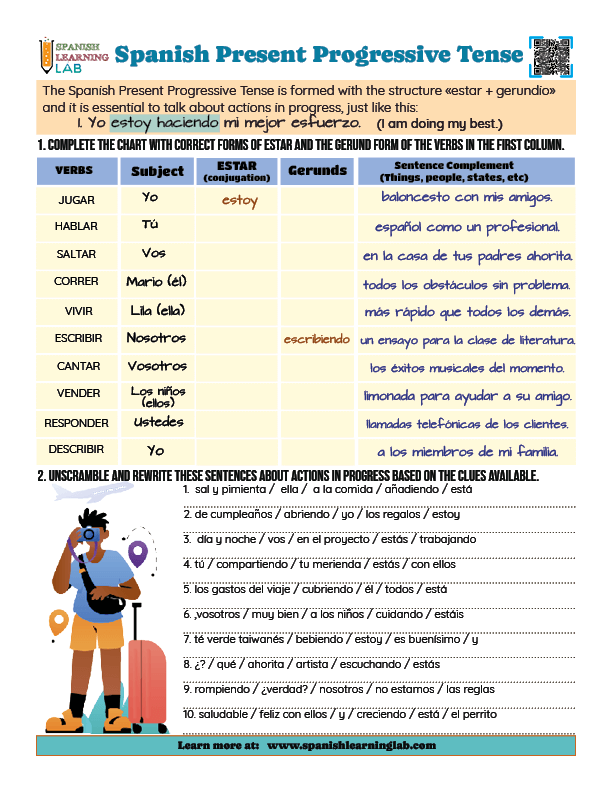 Spanish Present Progressive Tense PDF Worksheet with grammar exercises
