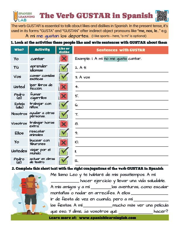 A PDF worksheet with exercises about the verb GUSTAR in Spanish to talk about likes and dislikes