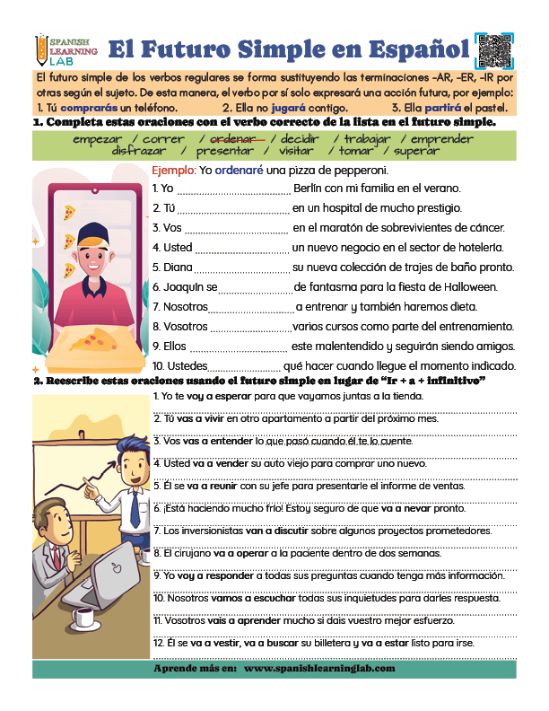 Practica el futuro en español con dos ejercicios en una hoja de trabajo en PDF