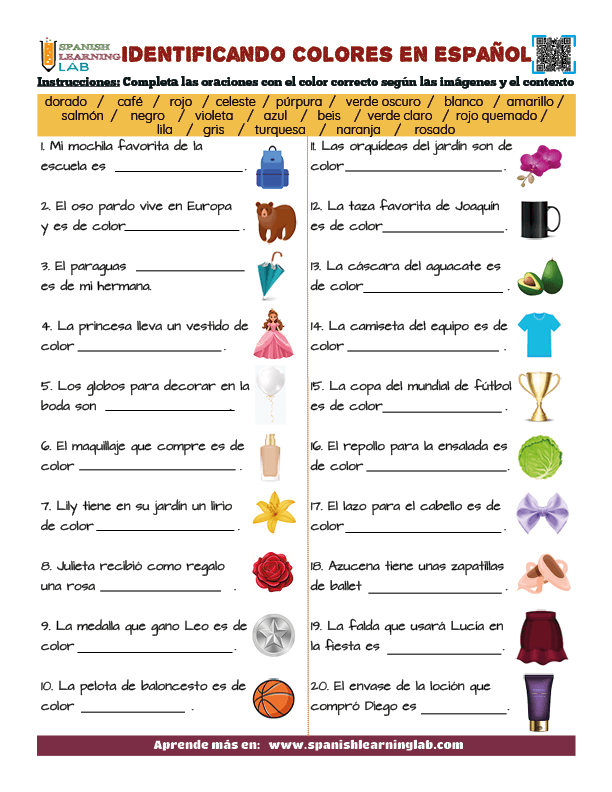 Identificando los colores en español ejercicios de vocabulario en PDF