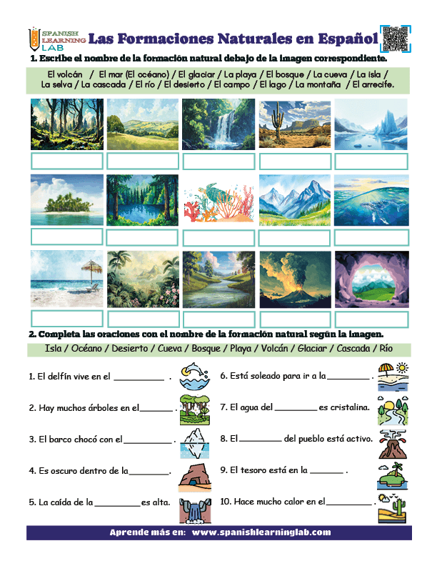 Las Formaciones Naturales en Español ejercicios de vocabulario en PDF