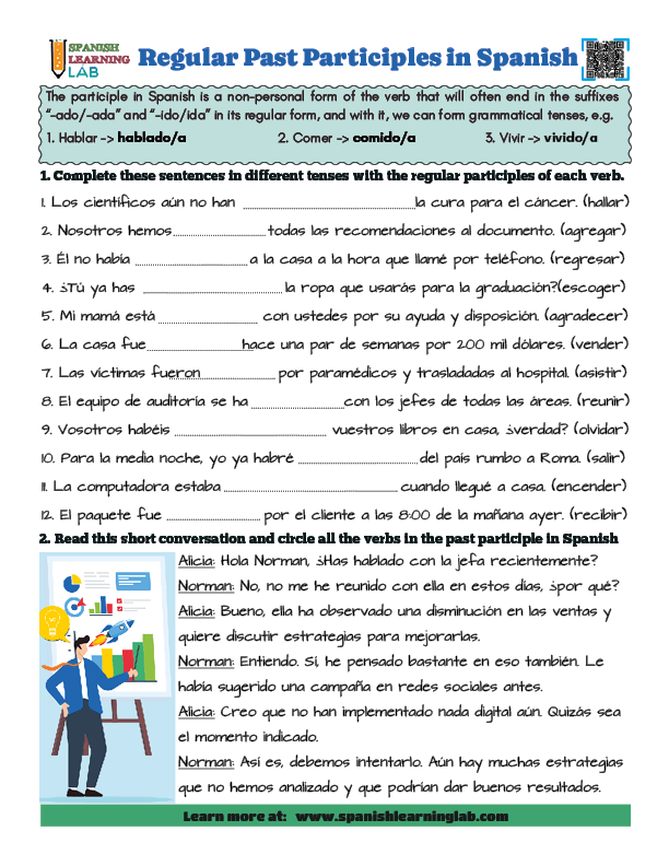 Forming the regular participles of verbs in Spanish in a PDF worksheet