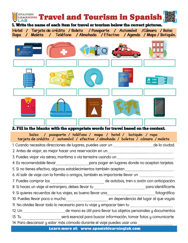 The essential words for travel and tourism in Spanish with two voabulary exercises
