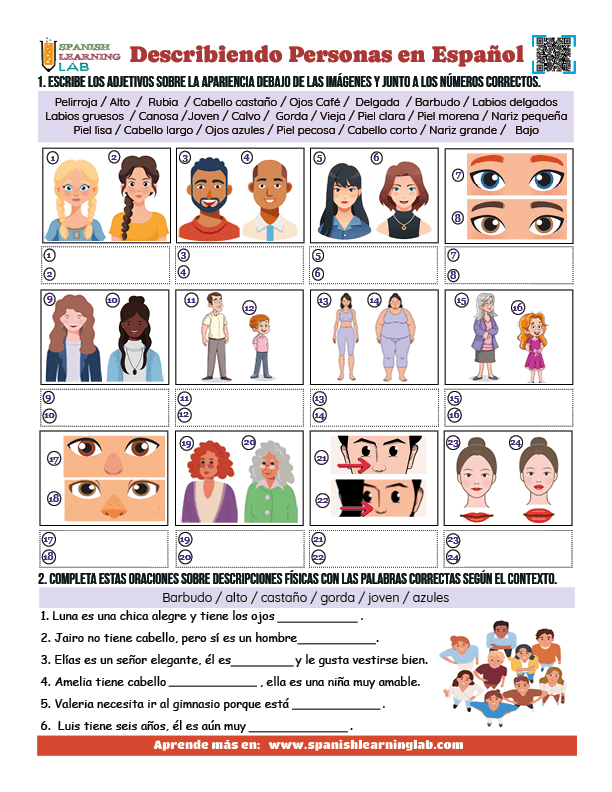 Adjetivos y palabras para describir Personas en Español Ejercicios de Vocabulario PDF