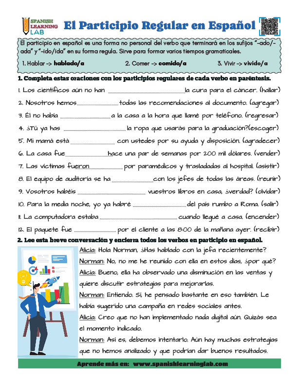 Una hoja de trabajo en PDF sobre los participios regulares en español con ejercicios de gramática
