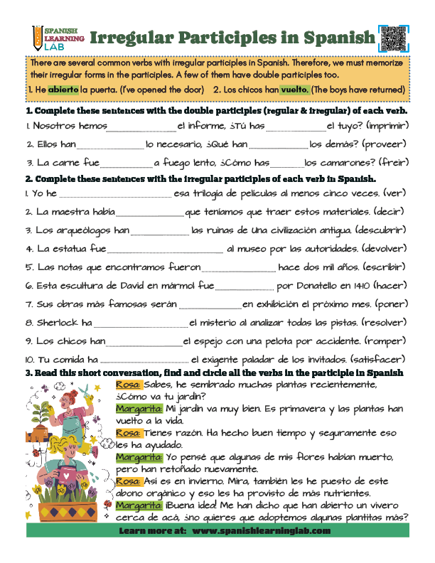 Irregular past participles in Spanish PDF worksheet with grammar exercises
