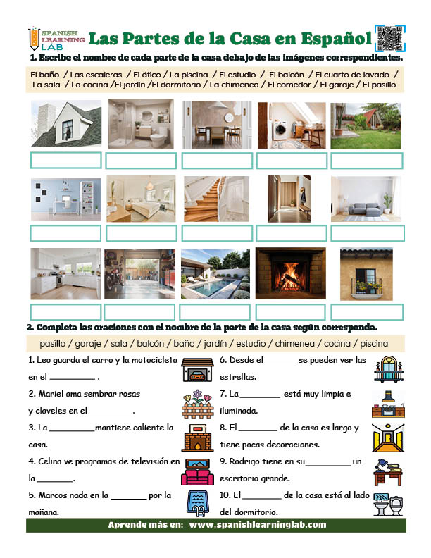 Las Partes de la casa en español ejercicios de vocabulario en PDF