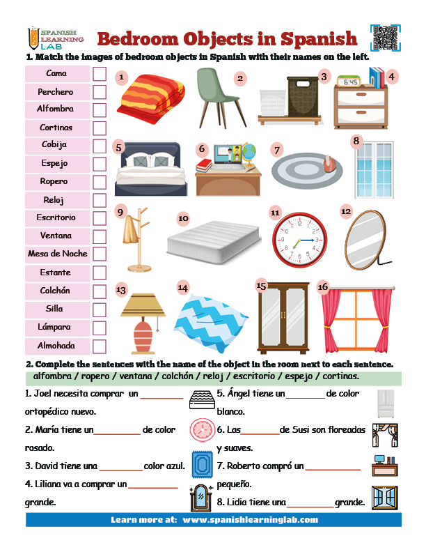 My bedroom and its objects in Spanish PDF worksheet with vocabulary exercises