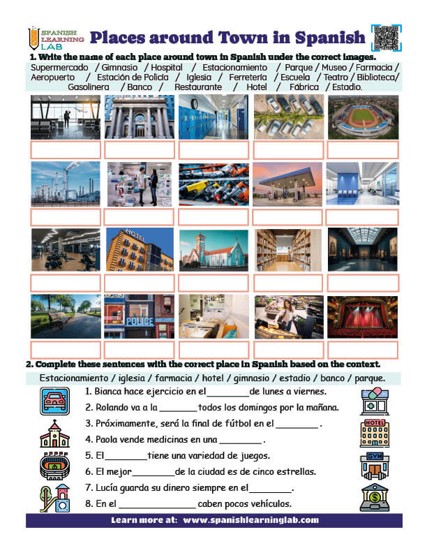 A PDF worksheet with vocabulary exercises about places around town in Spanish