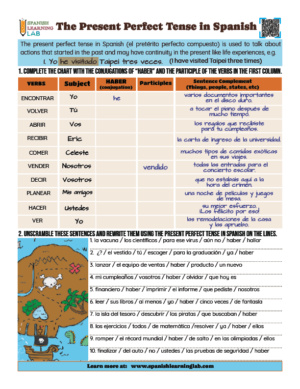 A PDF worksheet with grammar exercises about the present perfect tense in Spanish