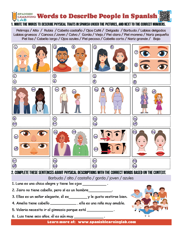 Adjectives and Words to Describe People and their appearance in Spanish Vocabulary PDF worksheet