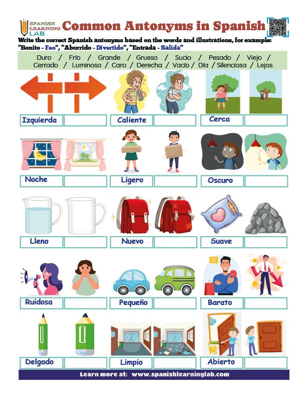 Common adjectives in Spanish and their antonyms vocabulary exercises in a PDF worksheet