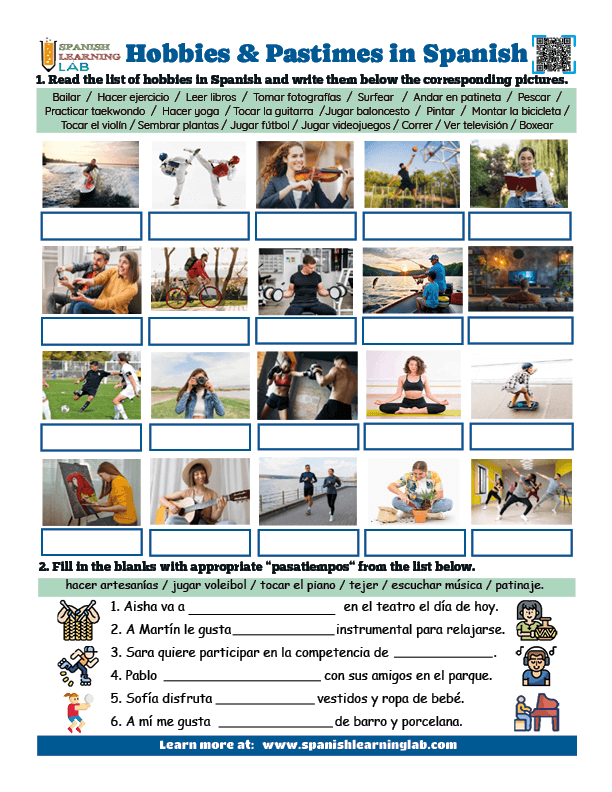 Hobbies and Pastimes in Spanish PDF Vocabulary exercises Worksheet