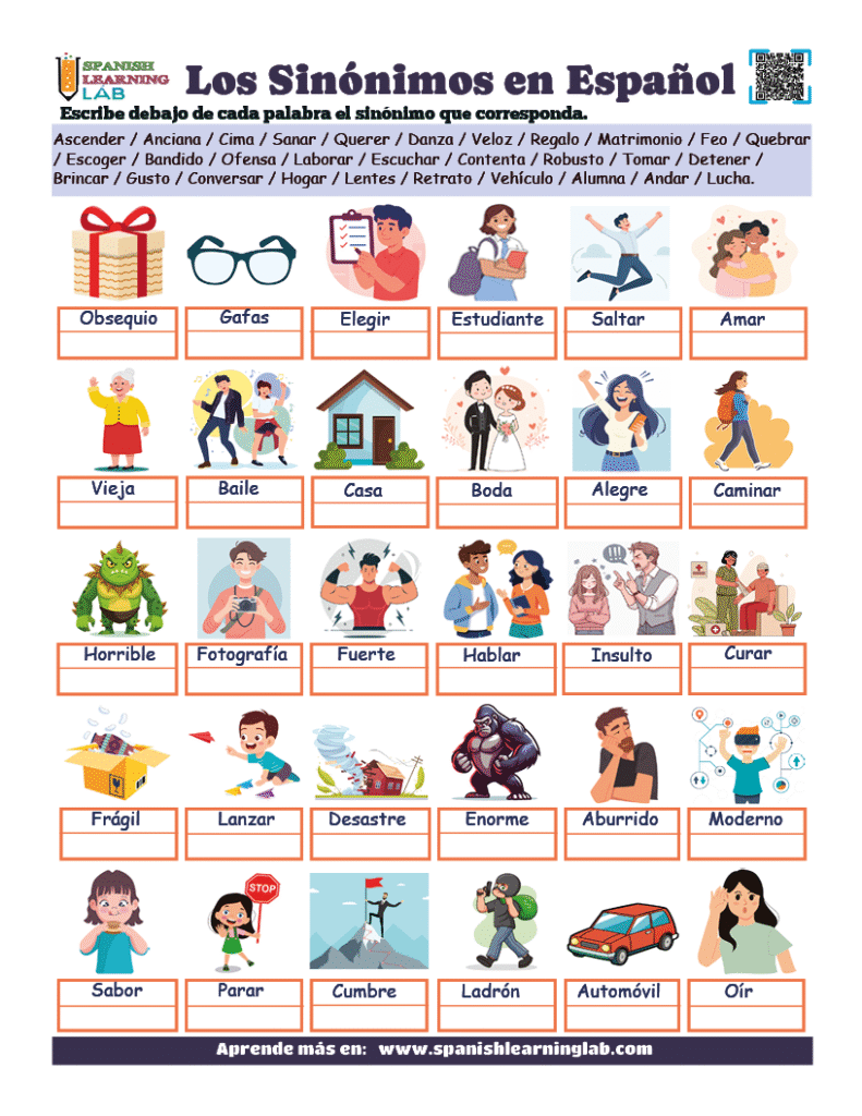 Los Sinónimos en Español ejercicio de vocabulario con palabras comunes en PDF