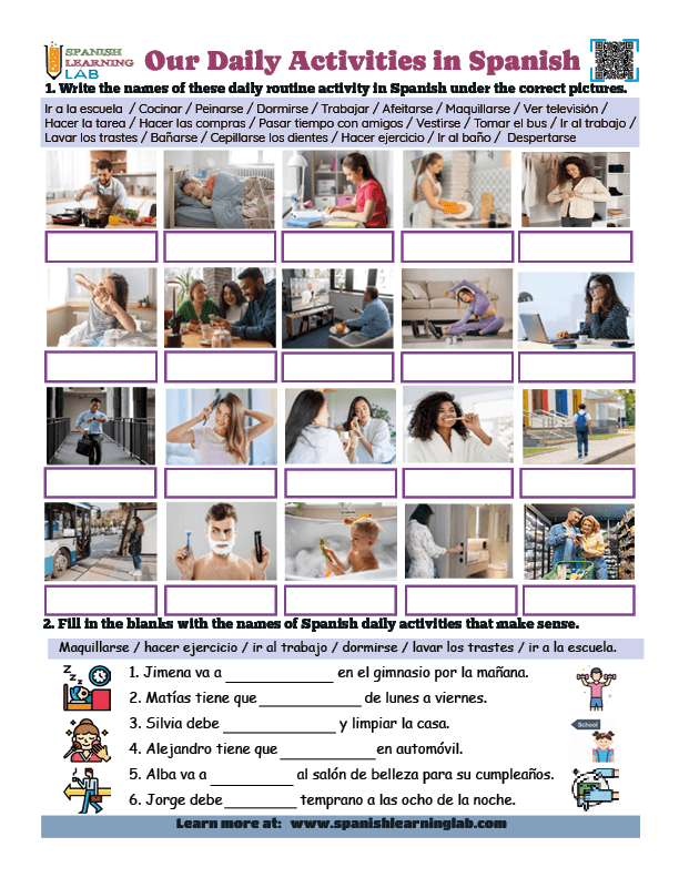 Daily Routine Activities in Spanish, vocabulary exercises in PDF worksheet