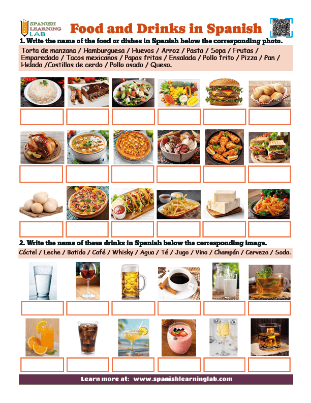 A PDF worksheet with photos of the vocabulary for food and drinks in Spanish