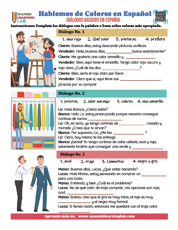 Hablemos los Colores en Español, ejercicios con diálogos para hablar español en PDF