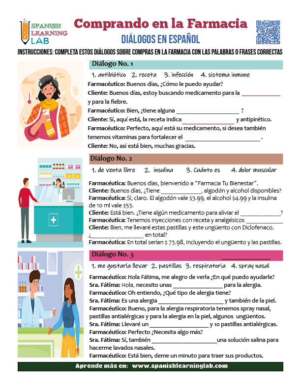 Practica el vocabulario de la farmacia en español con tres diálogos en PDF