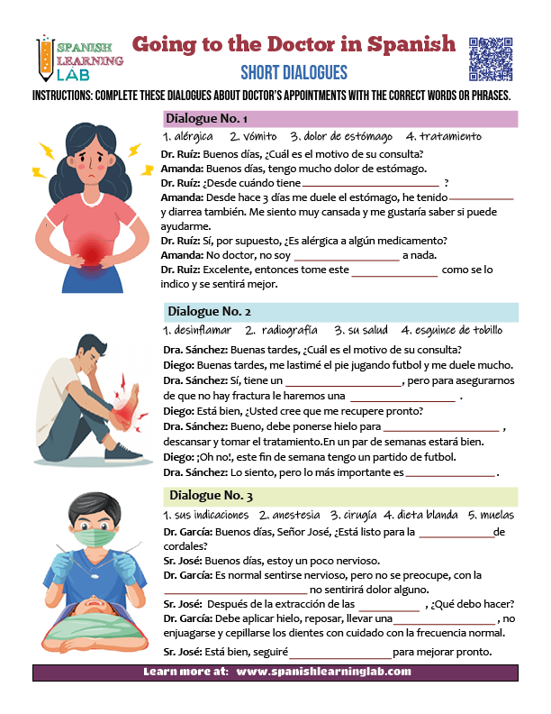 Short dialogues about going to the doctor in Spanish PDF worksheet