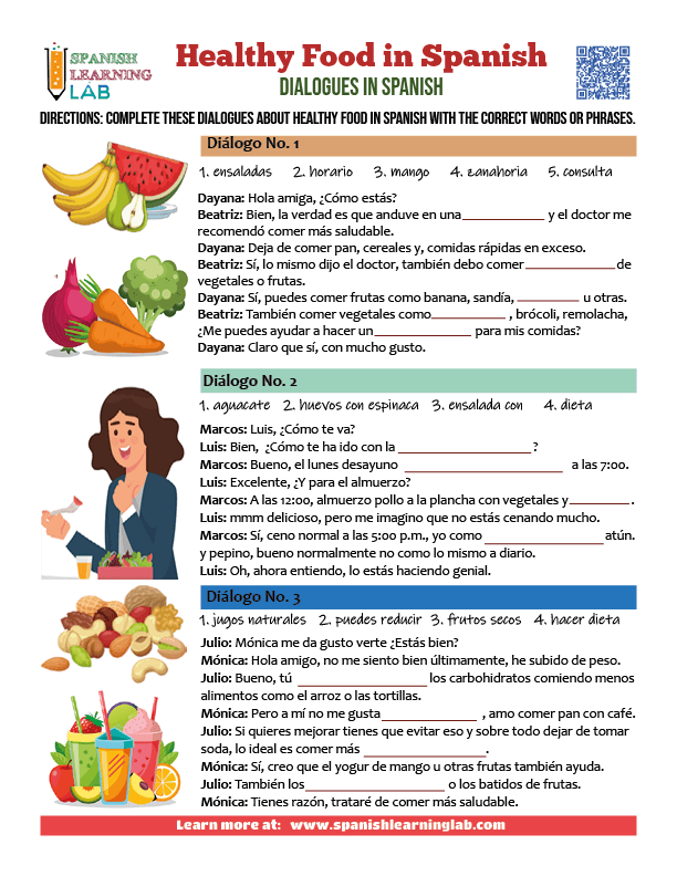 A PDF worksheet with three dialogues about healthy food and habits in Spanish with exercises.