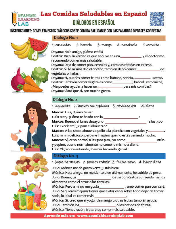 Diálogos cortos sobre dieta y comidas saludables en español con ejercicios interactivos en PDF