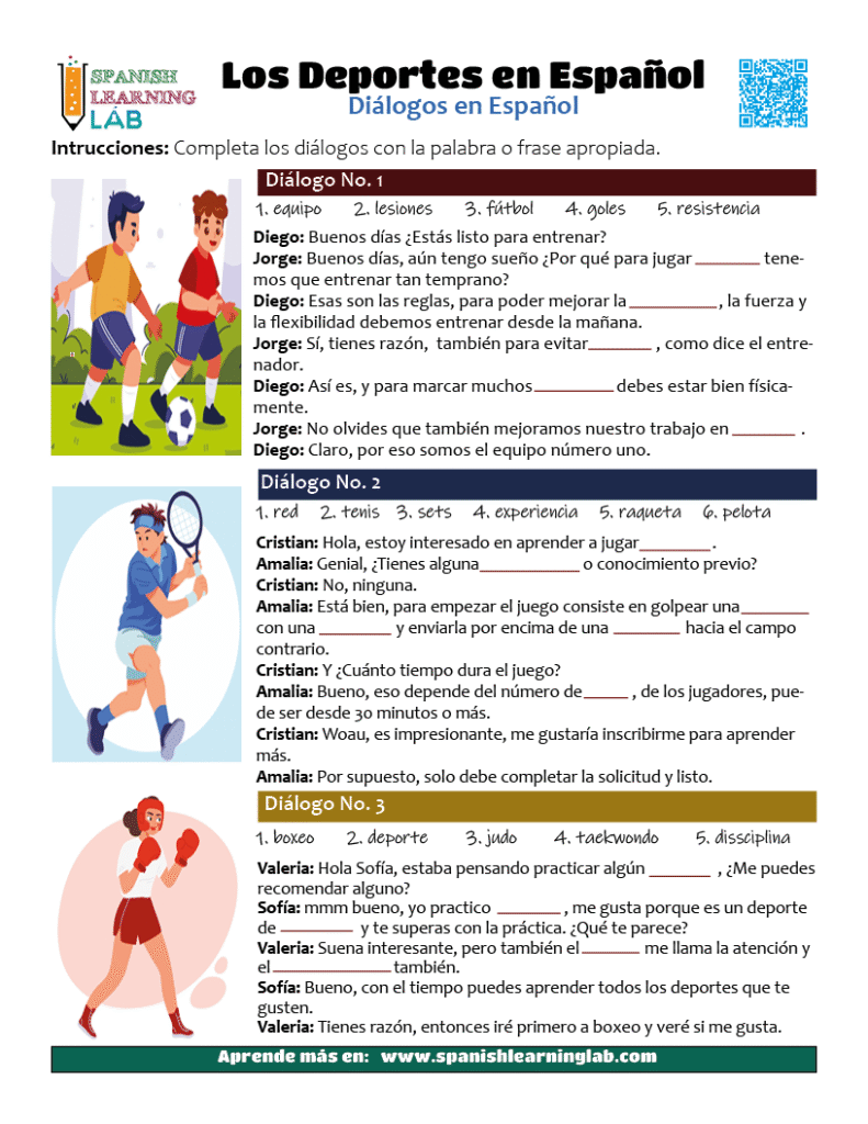 Los Deportes en Español, ejercicios de diálogo en PDF