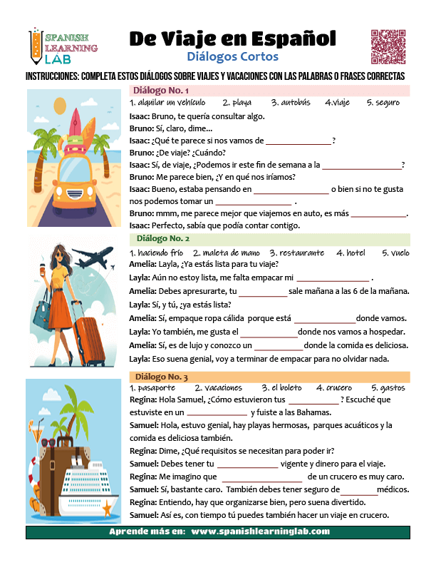 Una hoja de trabajo con tres diálogos sobre viajes en español con ejercicios