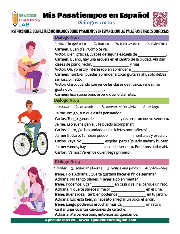 Practica hablando sobre los pasatiempos en español con tres diálogos y ejercicios en PDF