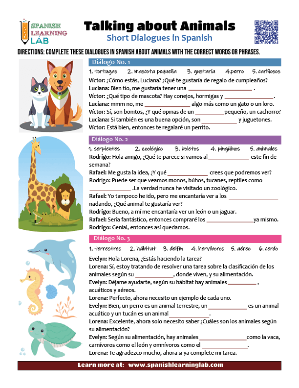 Talking about animals in Spanish PDF worksheet with dialogues