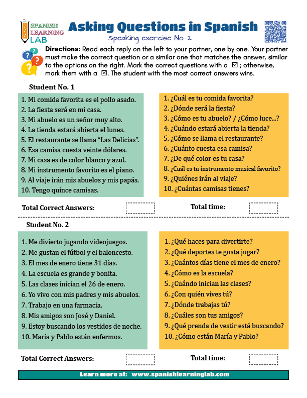 A speaking exercise to learn how to form basic questions in Spanish about different topics in a PDF worksheet
