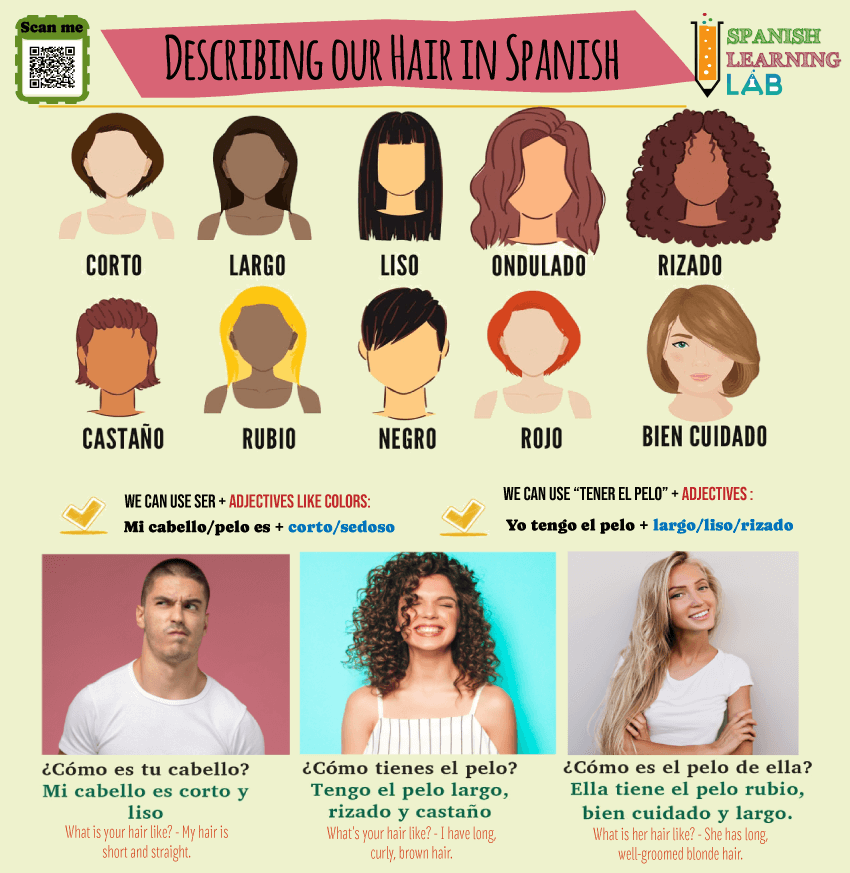 Common adjectives to describe people's hair in Spanish with SER and TENER