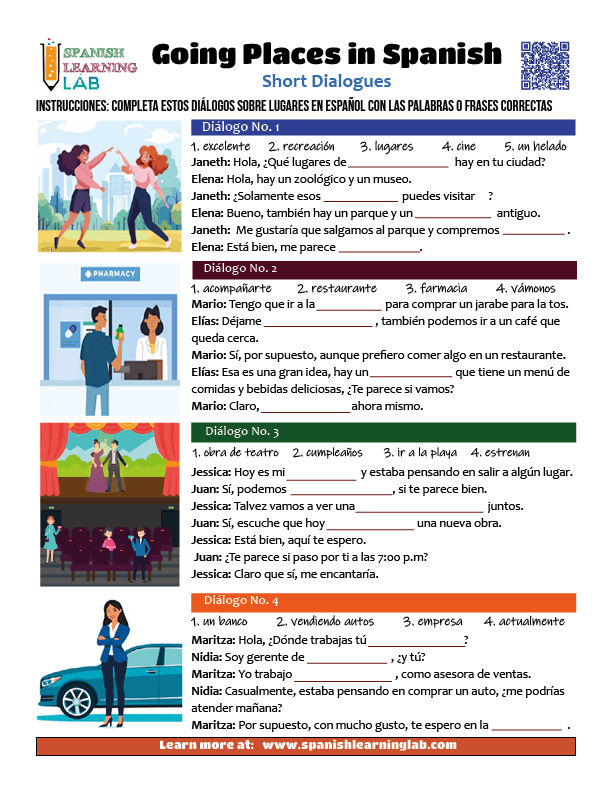 Going Places in town in Spanish PDF worksheet with dialogues