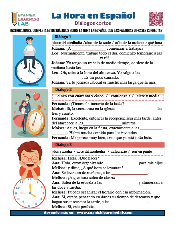 Diálogos cortos sobre la hora en español y actividades en una hoja de trabajo con ejercicios en PDF