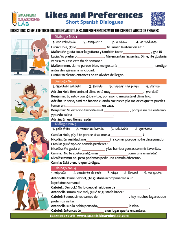 Likes and Preferences in Spanish, dialogues in PDF, Spanish-speaking exercises