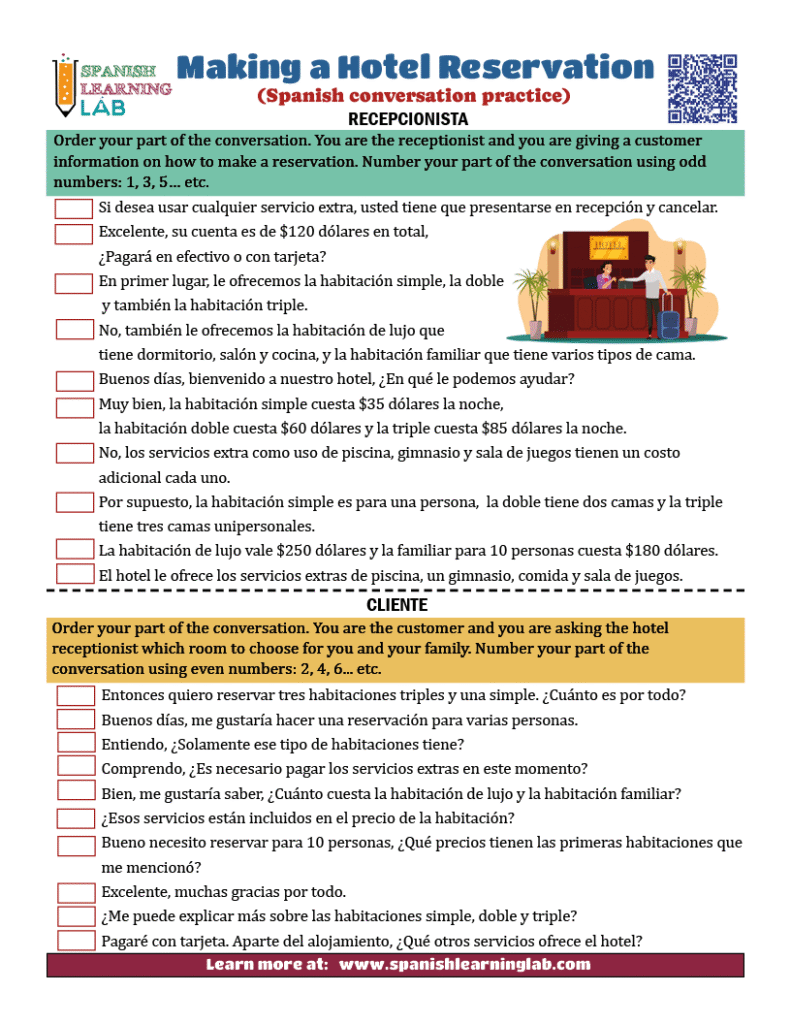 Key expressions and questions for making hotel reservations in Spanish with a conversation exercise in PDF