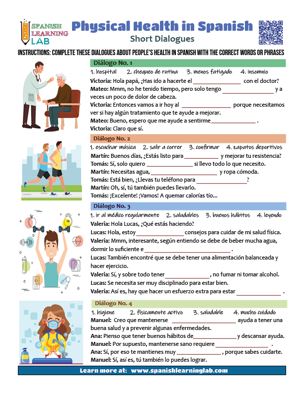 Short dialogues about people's physical health in Spanish with key words and expressions in a PDF worksheet