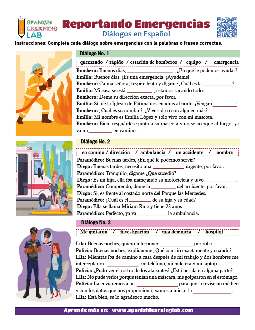 Reportando Emergencias en Español - Diálogos en PDF - Spanish Learning Lab
