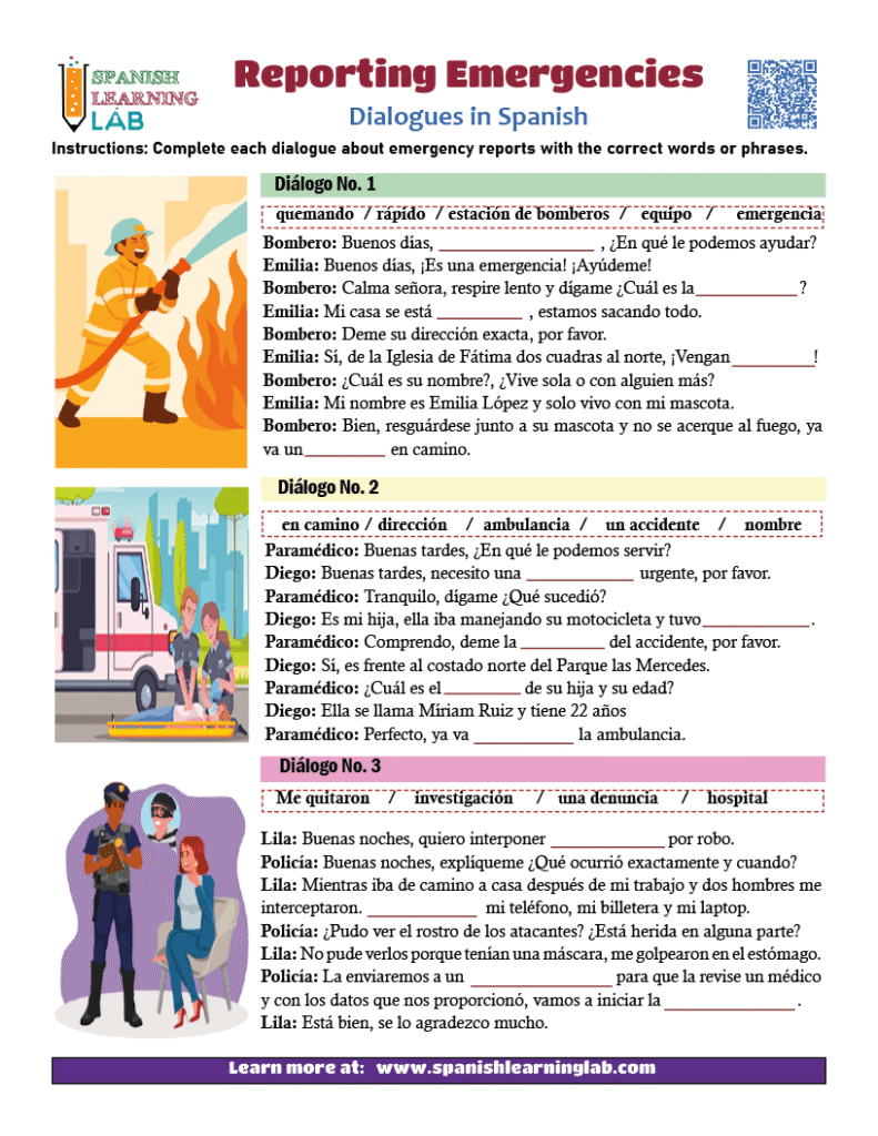 Practice Reporting emergencies in Spanish with three short dialogues in a PDF worksheet