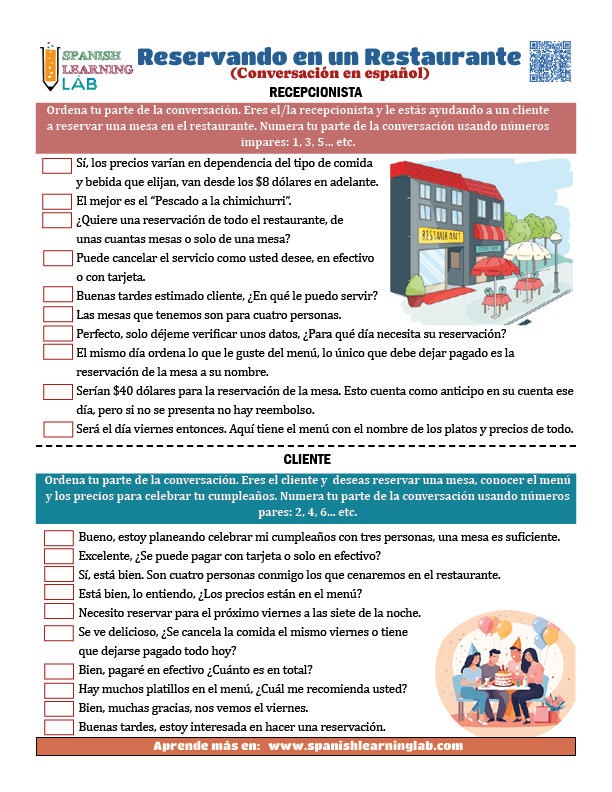 Haciendo una reservación en un restaurante en español conversación en PDF