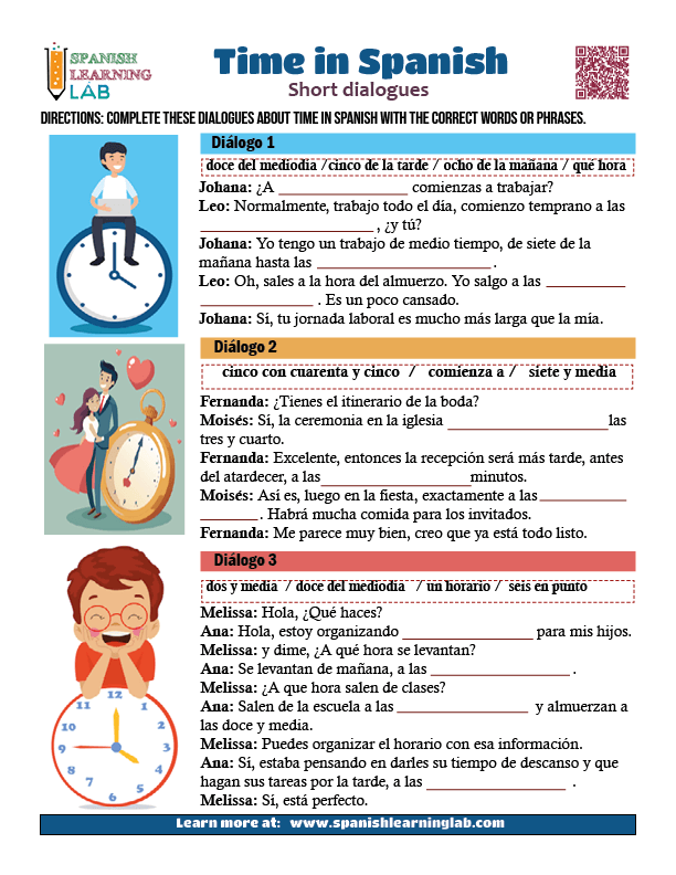 Three short dialogues about time in Spanish with exercises in a PDF worksheet