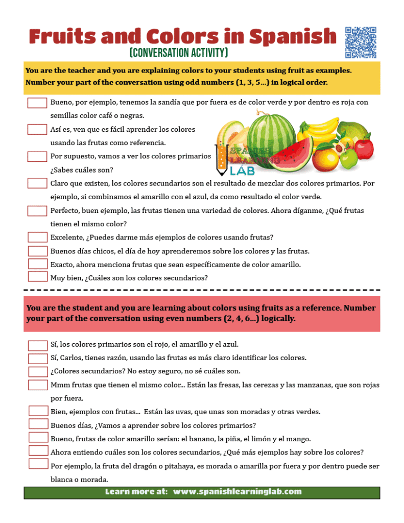 Talking about fruits and colors in Spanish with an interesting speaking activity in a PDF worksheet