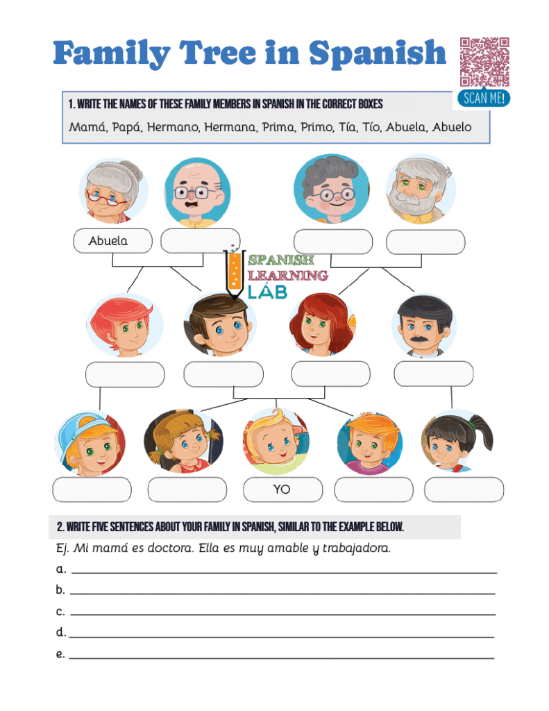 A PDF worksheet with the vocabulary for family Members in Spanish with a family tree