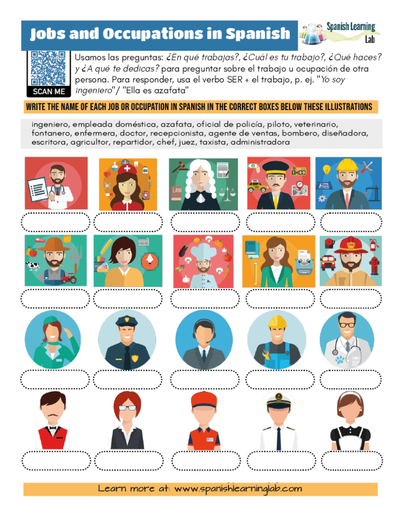 the vocabulary for jobs and occupations in Spanish worksheet in PDF with exercises