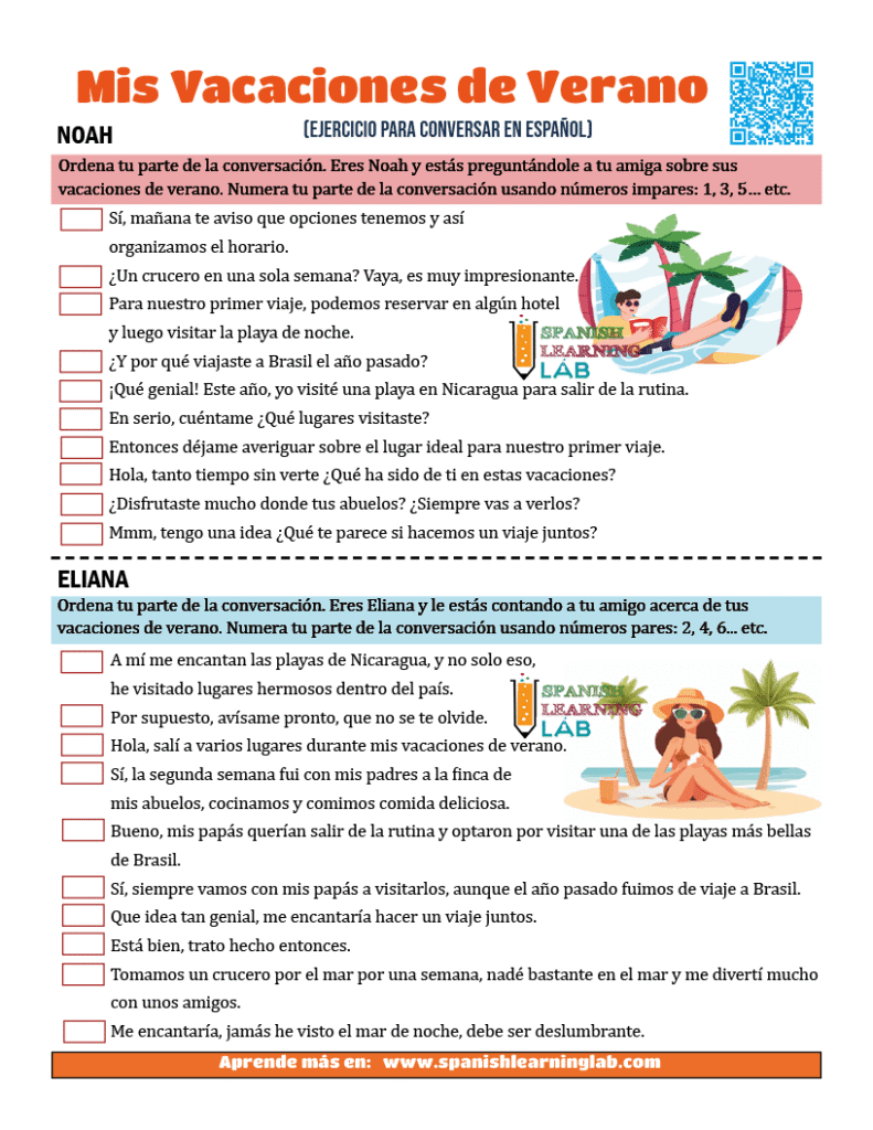 Un ejercicio de conversación en PDF sobre mis vacaciones de verano en español para practicar en parejas.