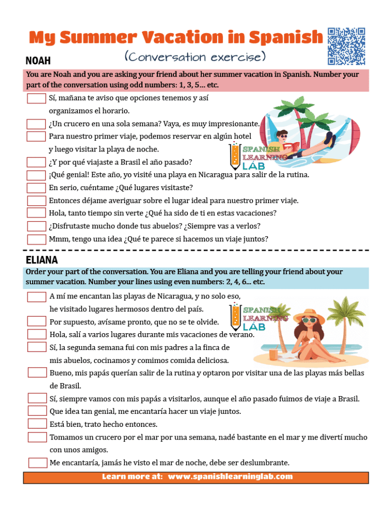 A PDF conversation exercise about my summer vacation in Spanish to practice in pairs.